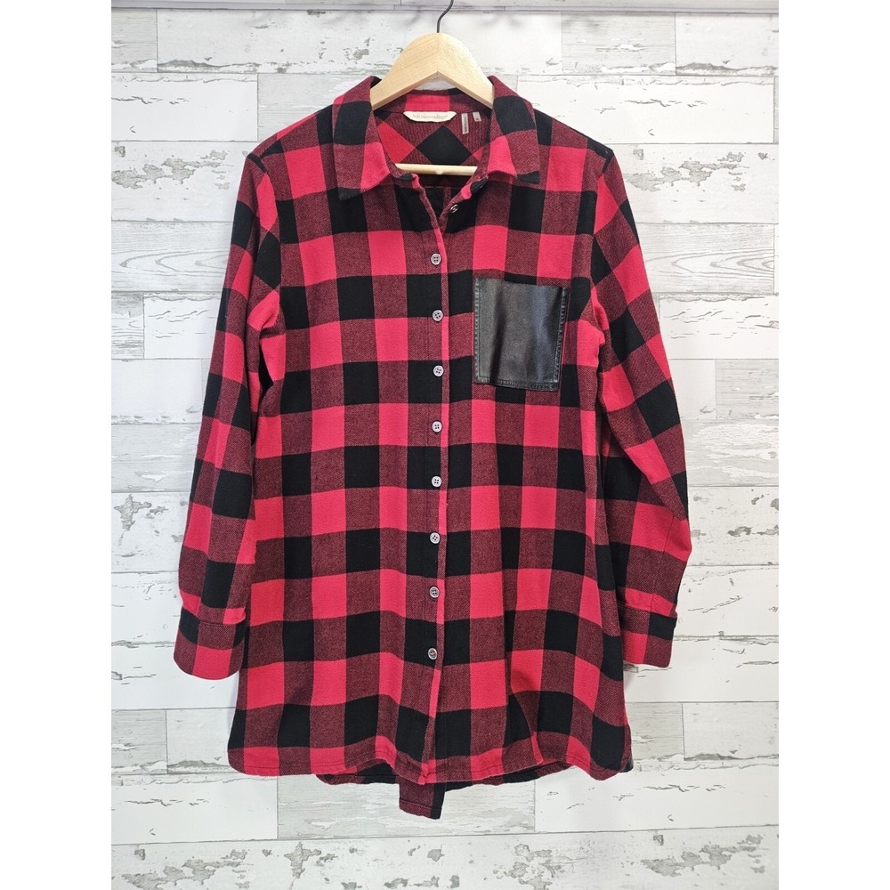 Soft Surroundings Red Black Buffalo Plaid Tunic Faux Leather Pocket Shirt M
